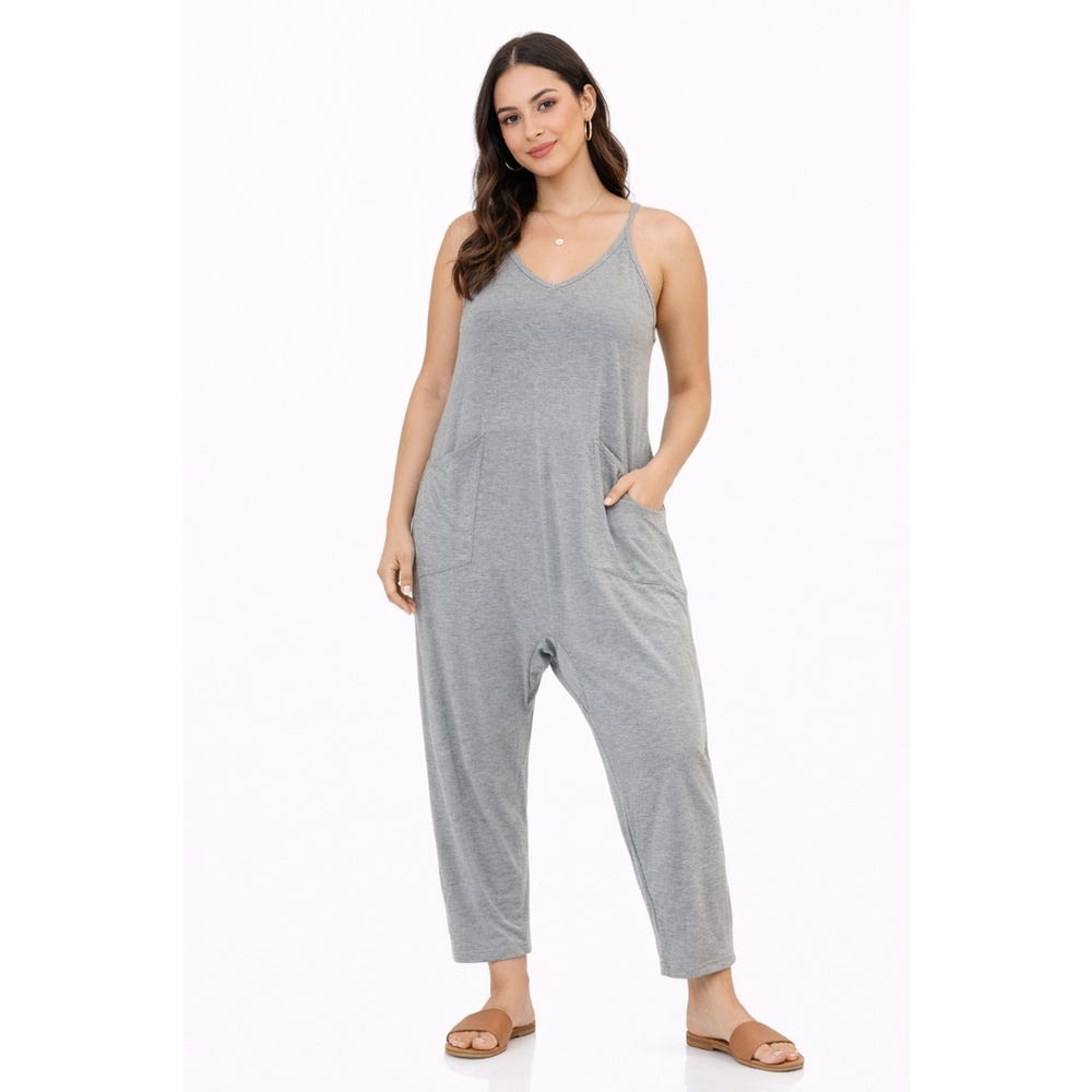 Women’s Deep Self Loose Casual V-Neck Sleeveless Jumpsuit – Gray – Size S – NWT